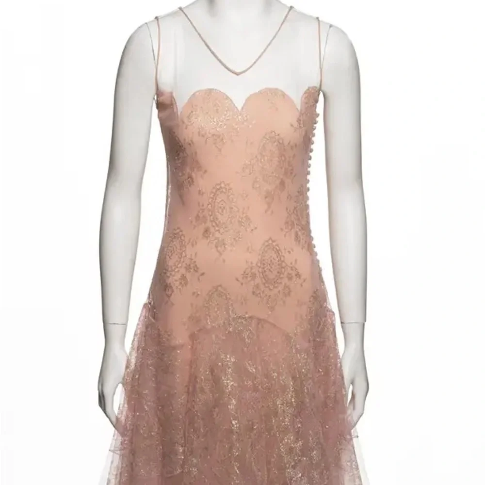 Blush Lace Tulle Evening Gown - Picture 4 of 12